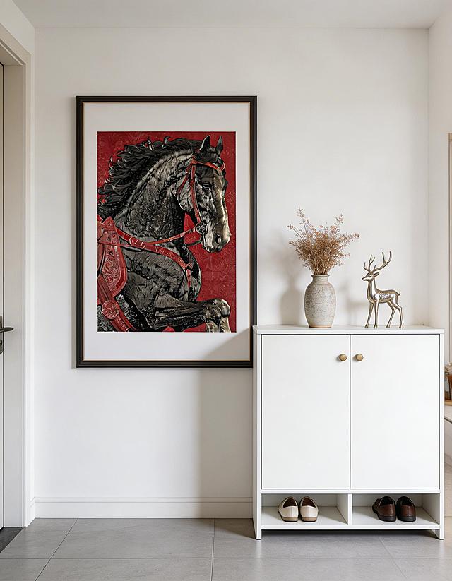 将这副装饰画挂在入户玄关的墙上，保持画框尺寸、画面色彩内容和清晰度完全不变，旁边是鞋柜、玄关摆件，进门视角，明亮光线，写实风格，3:4比例