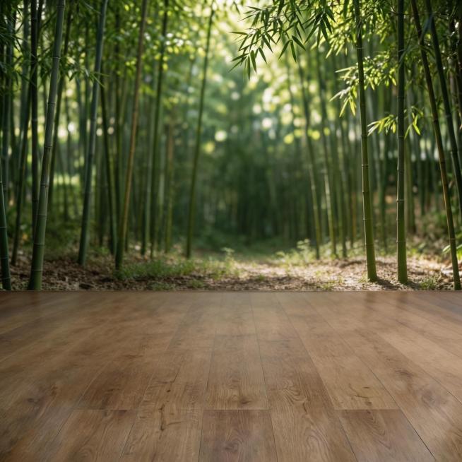 去掉图中的床，保留原有的竹林背景和木质地板，让画面自然和谐预览效果