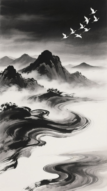 中国传统水墨风格，以浓淡不一的墨色营造出深邃悠远的意境，画面中呈现出流动感极强的抽象墨韵纹理，墨色从浓黑到浅灰自然过渡，形成层次丰富的山川云雾之势。变换造型后的水墨形态呈现出更具张力的曲线与涡旋结构，如同山峦在云雾中翻腾，又似江海波涛涌动。右上角一群白鹭变换队形，以更具动感的折线飞行轨迹点缀于灰黑色调的天际，与下方变换后的水墨造型形成动静对比，整体构图保持留白艺术，营造出宁静而富有变化的东方禅……预览效果