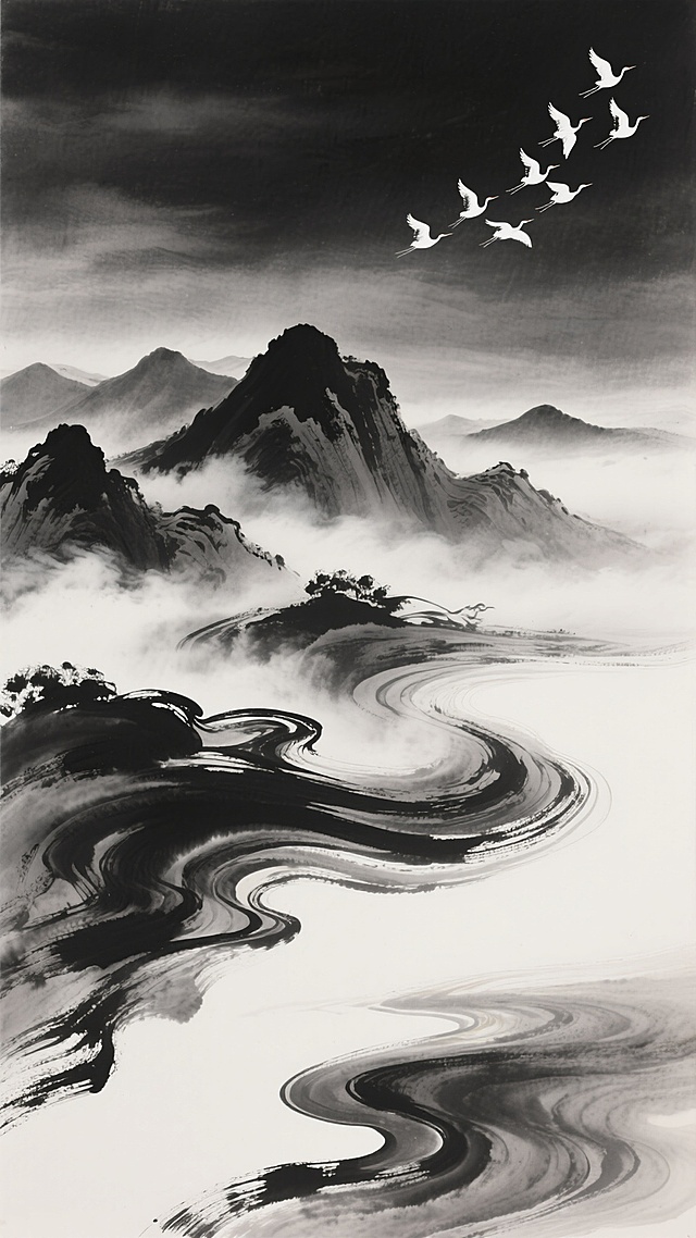中国传统水墨风格，以浓淡不一的墨色营造出深邃悠远的意境，画面中呈现出流动感极强的抽象墨韵纹理，墨色从浓黑到浅灰自然过渡，形成层次丰富的山川云雾之势。变换造型后的水墨形态呈现出更具张力的曲线与涡旋结构，如同山峦在云雾中翻腾，又似江海波涛涌动。右上角一群白鹭变换队形，以更具动感的折线飞行轨迹点缀于灰黑色调的天际，与下方变换后的水墨造型形成动静对比，整体构图保持留白艺术，营造出宁静而富有变化的东方禅意氛围。