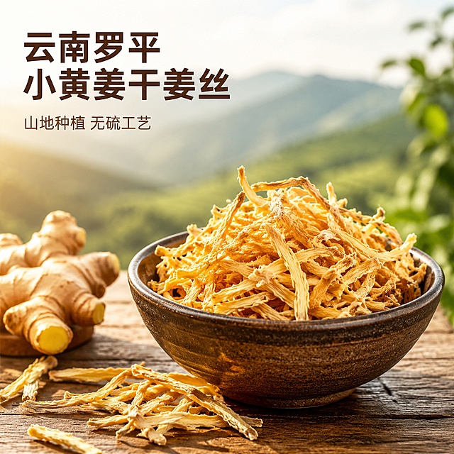 云南罗平小黄姜干姜丝，原产地山地种植，无硫工艺，一姜多用，干燥不结块，杂质少，肉质紧实