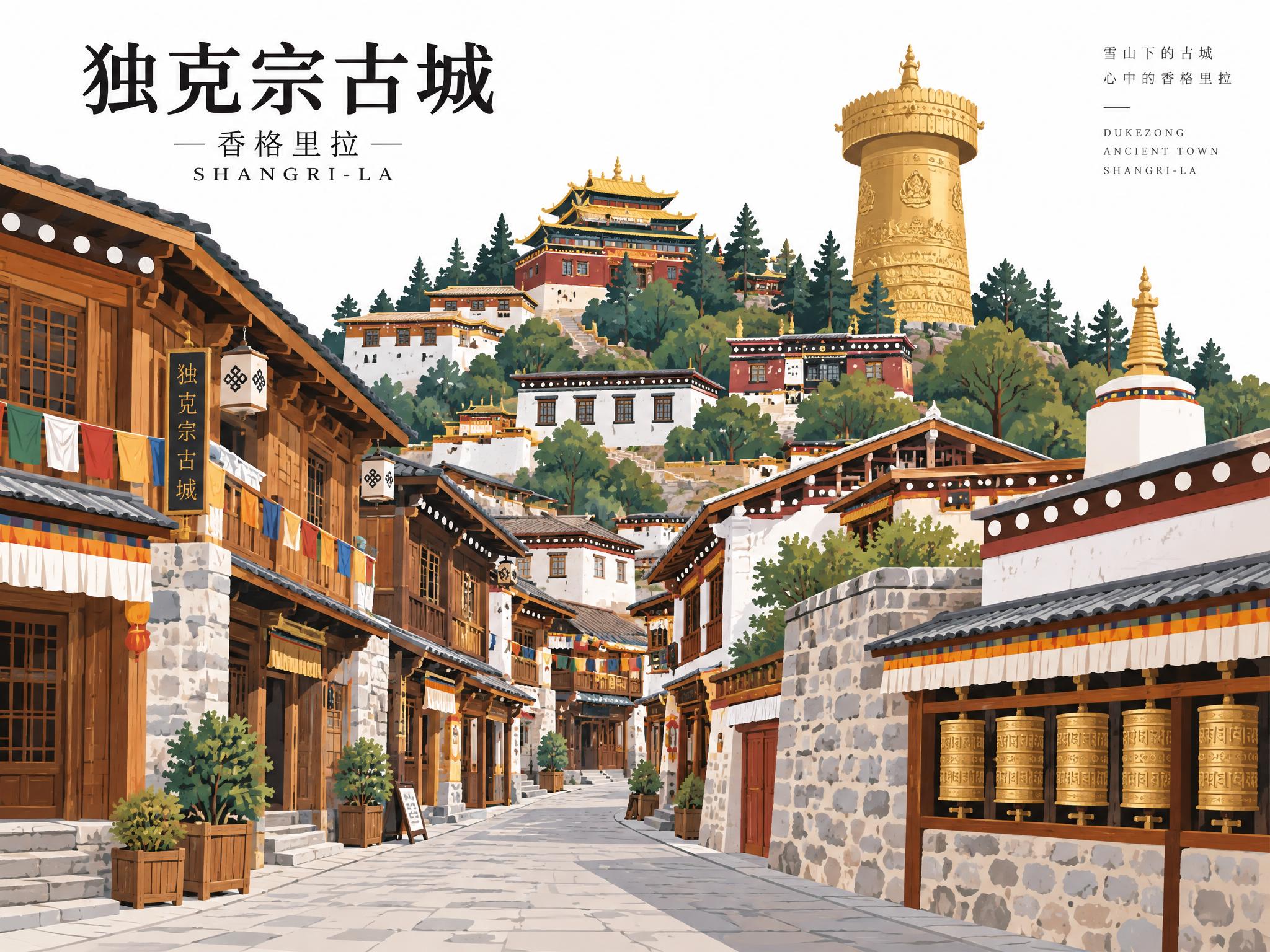 独克宗古城矢量图形，香格里拉地标，简洁扁平化矢量插画风格，藏式… - 图片创意预览