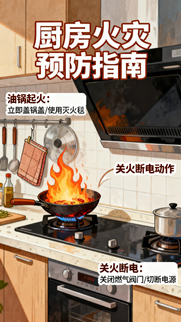 消防知识科普海报，插画风格，主题为厨房火灾预防，包含正确处理油锅起火、关火断电要点，厨房场景写实插画，科普实用知识预览效果