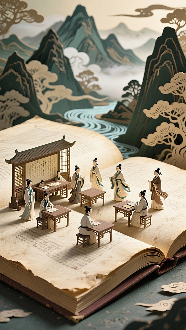 巨型泛黄书页平铺打开，上面是立体的古代学堂剪纸，背景是立体国风山水剪纸。