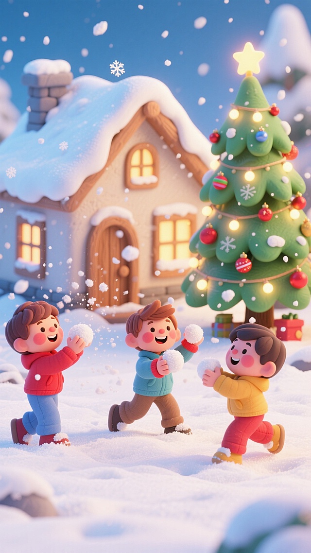 软3D风卡通场景，三个孩子在雪中嬉戏，温馨喜庆的圣诞夜，粘土质感与梦幻光影交织，营造出可爱而温暖的节日氛围。