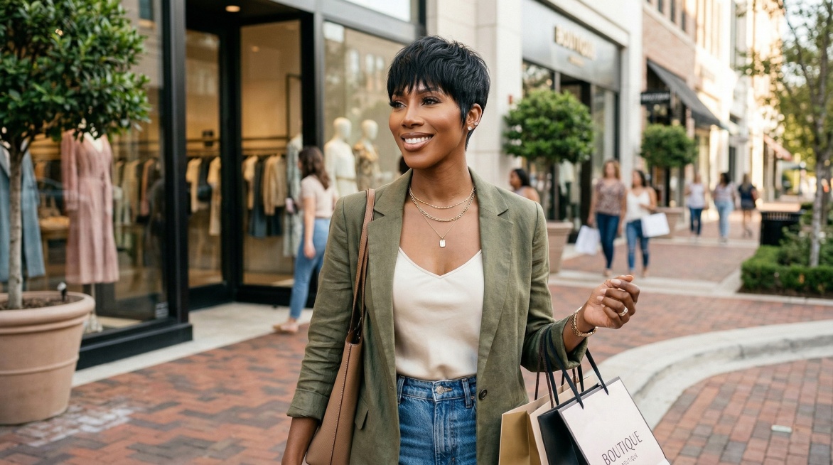 保持原图中黑色短款假发的主体特征不变，黑人女性在日常逛街场景中佩戴这款短款假发，超清画质，细节清晰自然预览效果