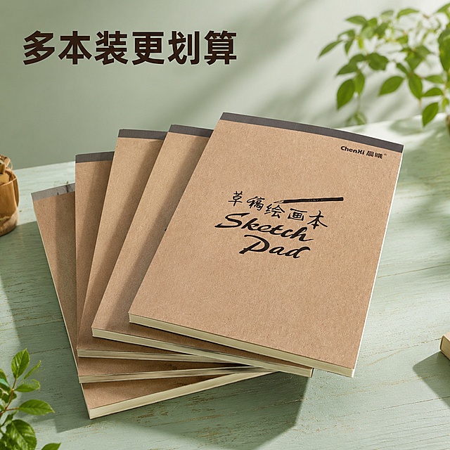 [主图-7] 套装多本展示；[氛围风格] 绿色浅棕搭配INS风，写实质感，自然光氛围；[画质] 商业摄影质感、光线柔和通透、产品清晰真实、画面干净高级；[元素] 五本同系列草稿本错落堆叠摆放于浅绿木质桌面，保持每本产品外观与输入产品图绝对一致，杜绝任何变形和色差，展示厚实开本和整体分量，突出性价比。背景少量绿植点缀，营造清新办公氛围。商品主体占比约75%；画面满屏无边框；[光影] 自然侧光，形成柔和阴影，堆叠层次感清晰；[配色] 主色调浅绿搭配浅棕，自然清新；[视角构图] 斜向堆叠，平视角度，突出量感；[文字版式] 左上角标注大字"多本装更划算"，深棕色粗体，清晰醒目不遮挡主体；[输出要求] 1:1 比例，文字清晰可辨，超高清商业摄影质感；[负向提示词] 变形，文字错乱，产品图模糊，背景杂乱，水印，电商平台Logo
