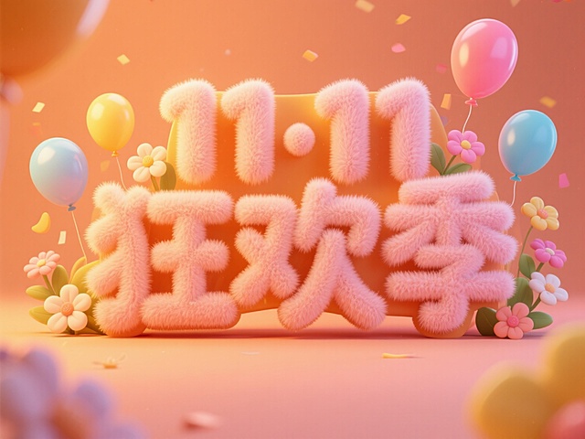 "11·11 狂欢季"艺术字，采用与原图一致的3D立体毛绒质感，绒毛蓬松柔软，边缘圆润可爱，字母结构保持厚实饱满的形态。整体配色改为暖色系背景，以温暖的橙色、柔和的黄色、温馨的粉色为主色调，色彩过渡自然和谐。文字周围点缀着多彩的气球和精致的花朵作为装饰元素，气球呈现轻盈飘逸的质感，花朵细节丰富，与毛绒文字风格统一。光影效果柔和，光源来自上方，在文字底部形成淡淡的阴影，增强立体感。整体画面营造出欢快、热烈、充满节日氛围的感觉，符合狂欢季的主题，视觉层次清晰，信息传达直接，设计风格活泼可爱，能有效吸引目标受众的注意力。