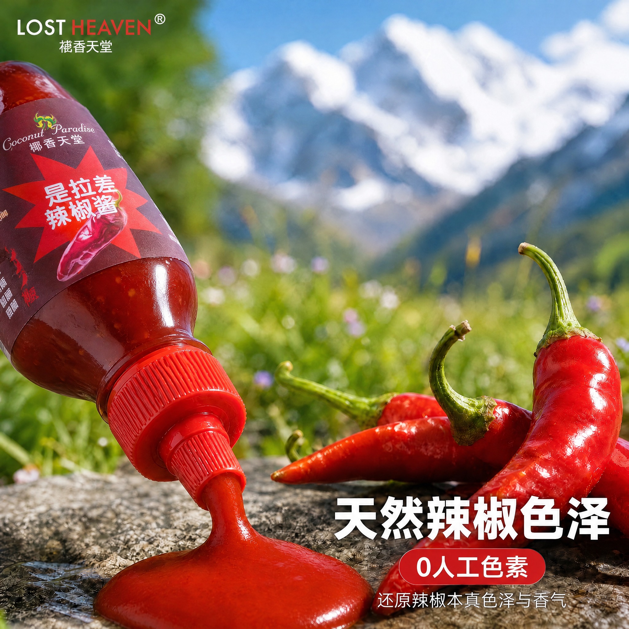 将图中倒放的辣椒酱瓶身主体替换为参考图中的是拉差辣椒酱产品，保… - 图片创意预览