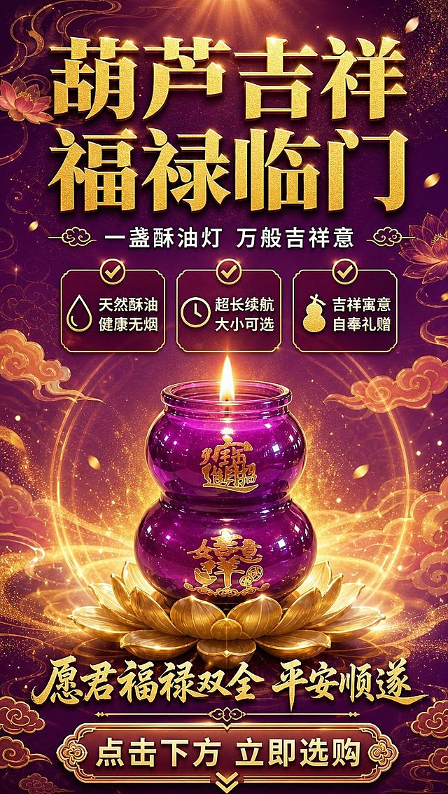 [商品] 使用【图1】葫芦造型酥油灯大号款；保留紫色葫芦瓶身、烫金吉祥纹样；产品居中偏下位置，占画面40%；蜡烛点亮，火焰温暖明亮；增强琉璃质感和烫金光泽。
[画面] 页面目标：行动号召收尾页，吉祥寓意+购买引导收口。构图：上半部分大标题+利益点，下半部分产品主体+购买引导；背景为深紫到金红渐变，有祥云、金粉、莲花等吉祥元素飘散；产品放在金色莲花底座上，周围有光晕效果；整体氛围喜庆吉祥，视觉冲击力强。
[视觉] 套系策略：风格=新中式国风商业摄影+醒目大字排版；标题字=粗黑体带中式衬线，厚重醒目；正文字=圆润无衬线黑体；主色=深紫+金色；背景延展=基于深紫色做渐变层级、同色系明暗过渡、暗纹中式底纹；强调色=烫金色，用于标题、图标、引线、卖点高亮；标题色=烫金色；正文色=米白色；组件=圆角金边信息卡、中式云纹分割线、金色图标；光影=产品自发光+顶部暖光，整体喜庆明亮。
[文字] 顶部超大主标题：葫芦吉祥 福禄临门（烫金色粗体，占满宽度）；副标题：一盏酥油灯 万般吉祥意（白色）；中间3条利益点（金边圆角卡片）：✅ 天然酥油 健康无烟 ✅ 超长续航 大小可选 ✅ 吉祥寓意 自奉礼赠；底部醒目标语：愿君福禄双全 平安顺遂（金色艺术字）；最下方引导：点击下方 立即选购；所有文字横排，字号大，视觉冲击力强。
[规格] 图片比例9:16竖版，4K分辨率，避免变形、错字、文字过小、冷蓝色调。