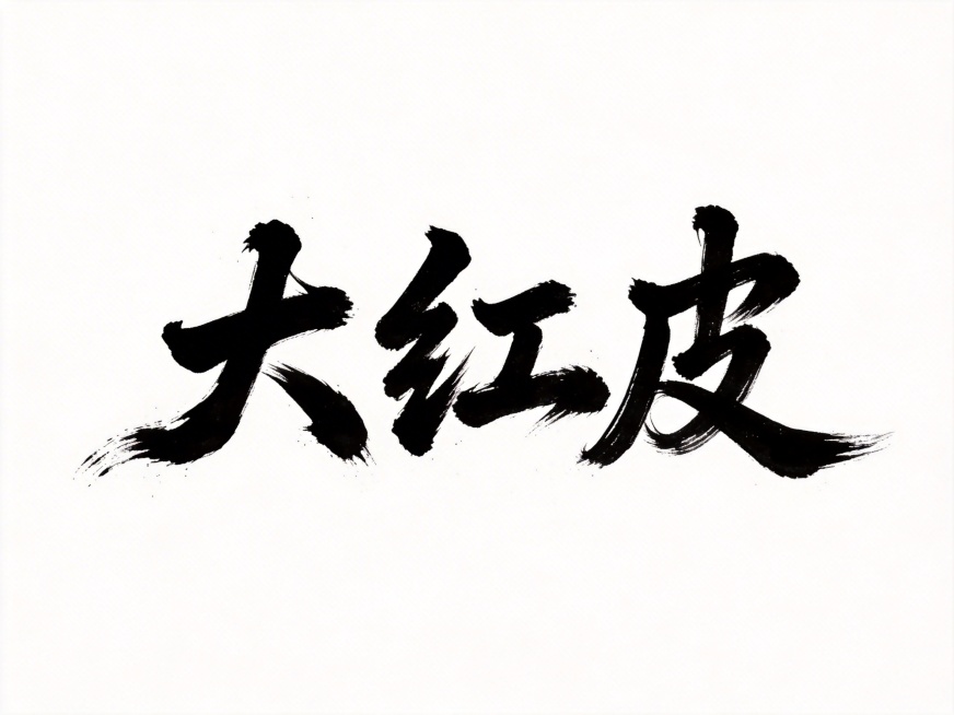 干净的纯白色背景。平面艺术字体设计，三个字"大红皮"，所有文字单行横向排列，飘逸奔放的毛笔书法行书字形，笔势灵动洒脱行云流水，黑色纯墨色字体，带有自然飞白枯笔和浓淡墨色变化，大面积留白，墨色效果不扩散预览效果