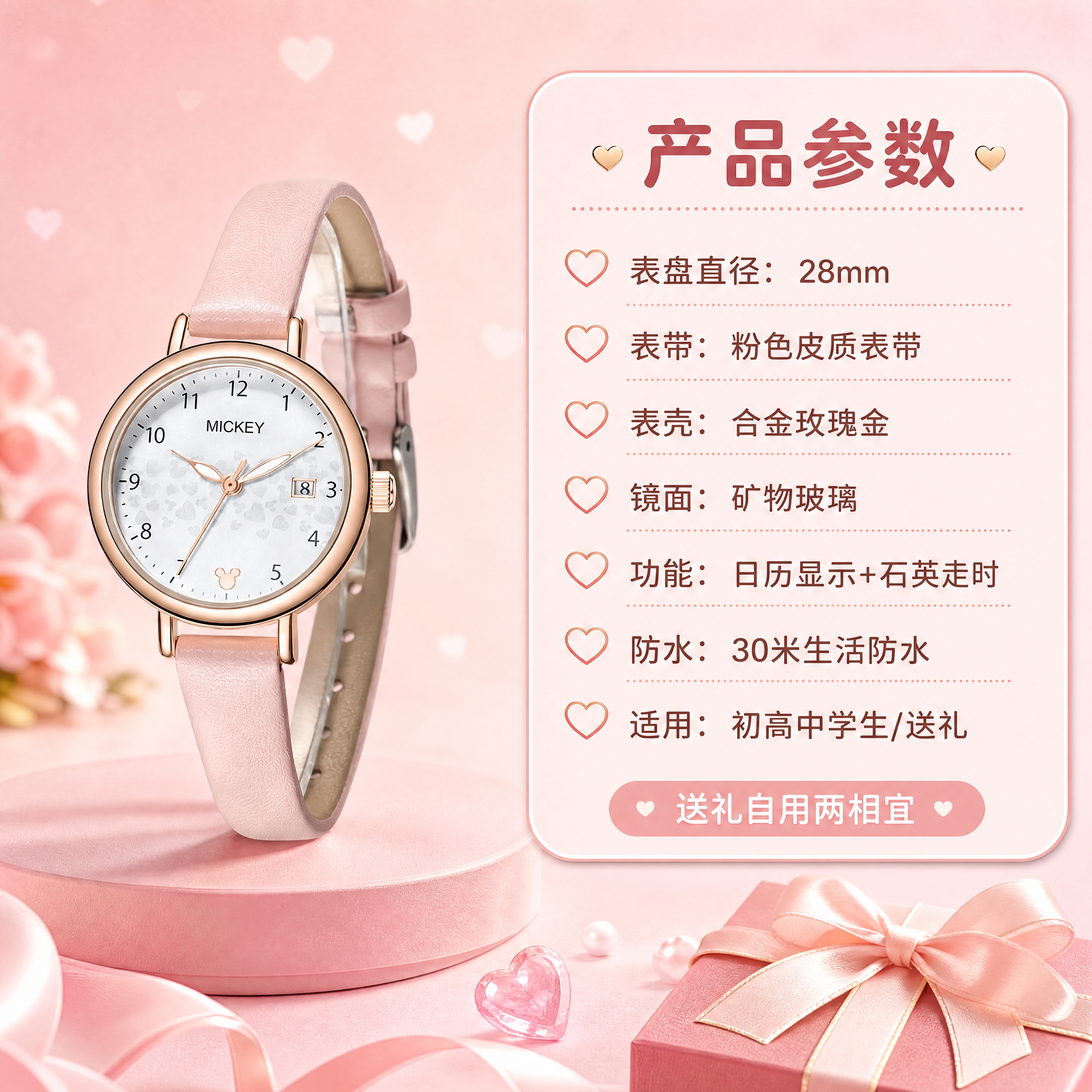 [商品] 使用【图1】迪士尼米奇联名粉色皮带腕表；保留全部结构… - 图片创意预览