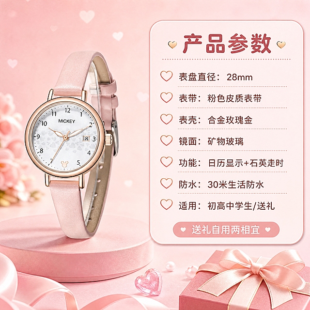 [商品] 使用【图1】迪士尼米奇联名粉色皮带腕表；保留全部结构、颜色、Logo与细节；腕表正面展示，放置在画面左侧，占画面40%，右侧为信息卡区域。
[画面] 功能规格，信息卡片型，左图右文布局；左侧腕表放置在浅粉色圆角台面上，背景为柔粉色渐变带细小爱心图案；右侧为圆角浅粉信息卡，列出核心参数和适用人群；底部有送礼场景暗示（礼盒、丝带元素），≥3层视觉层次。
[视觉] 套系策略：风格=少女感梦幻商业摄影；标题字=圆润粗黑体；正文字=圆角无衬线体；主色=柔粉色+玫瑰金；背景延展=基于柔粉色做深浅渐变、同色系光晕和细腻丝绒/纸张质感；强调色=玫瑰金，仅用于小面积图标、引线和标签；标题色=深玫瑰金；正文色=暖棕粉；组件=圆角浅粉信息卡、细金线引线、爱心图标；光影=左前侧暖柔光，表壳带高光反射。
[文字] 右侧信息卡顶部主标题"产品参数"，下方分点列出："表盘直径：28mm"、"表带：粉色皮质表带"、"表壳：合金玫瑰金"、"镜面：矿物玻璃"、"功能：日历显示+石英走时"、"防水：30米生活防水"、"适用：初高中学生/送礼"；底部小字"送礼自用两相宜"；文字全部横向排版，层级清晰，保证手机端可读。
[规格] 图片比例1:1方形，4K，避免变形、错字、文字过小、冷蓝/蓝灰背景、手表颜色改变、结构失真、极限词、平台Logo。