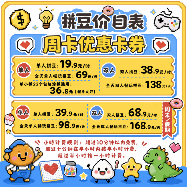 参考这张图片的像素风卡通可爱设计底板样式，生成一张1000*1000px方形的周卡优惠卡券，保持黄蓝配色和像素风可爱卡通元素风格预览效果