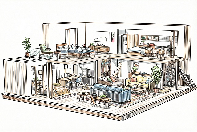 为图中的线稿添加彩色线稿元素，比如给植物、家具等部分添上不同色彩的线条