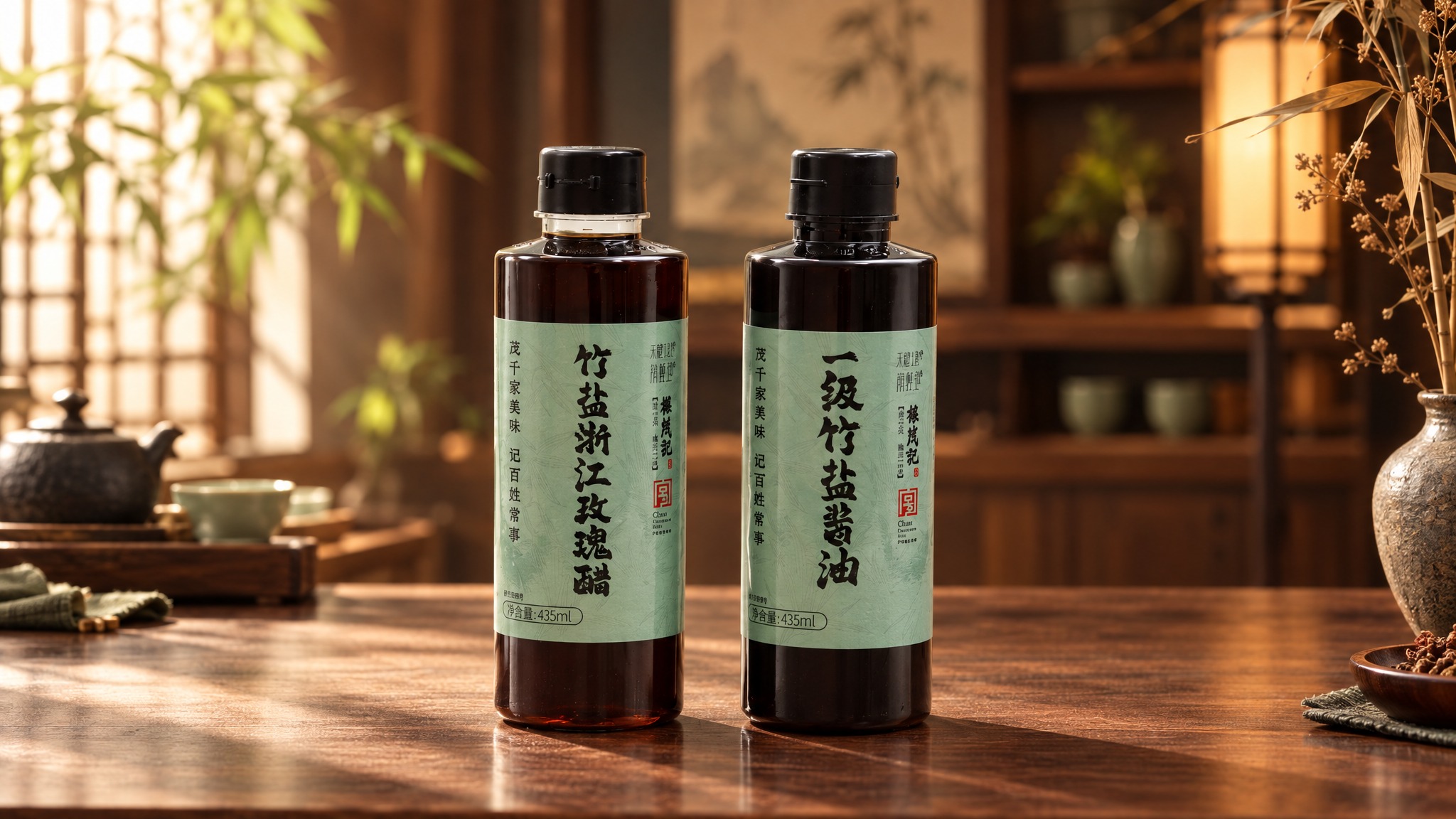 基于图中的两瓶调味品（竹盐浙江玫瑰醋、一级竹盐酱油）制作16:… - 图片创意预览