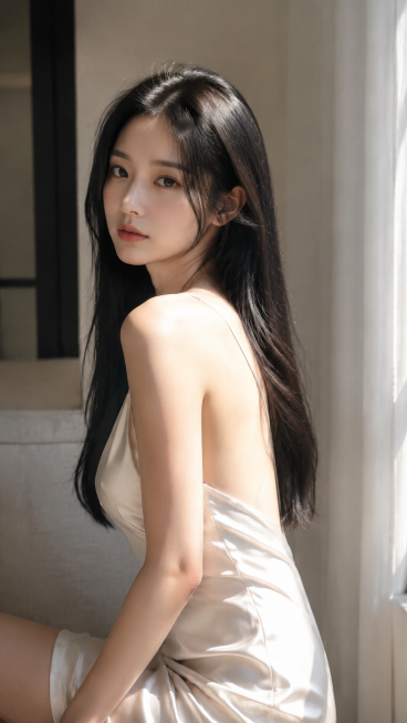 25岁女性，黑长直柔顺披肩发，五官精致自然皮肤白皙，穿米白色缎面吊带连衣裙，气质温婉但眼神有韧劲，自然真实无AI感，正常身材比例，肢体自然，表情生动，光影自然柔和，发丝有光影质感，衣物光影自然，面部光预览效果