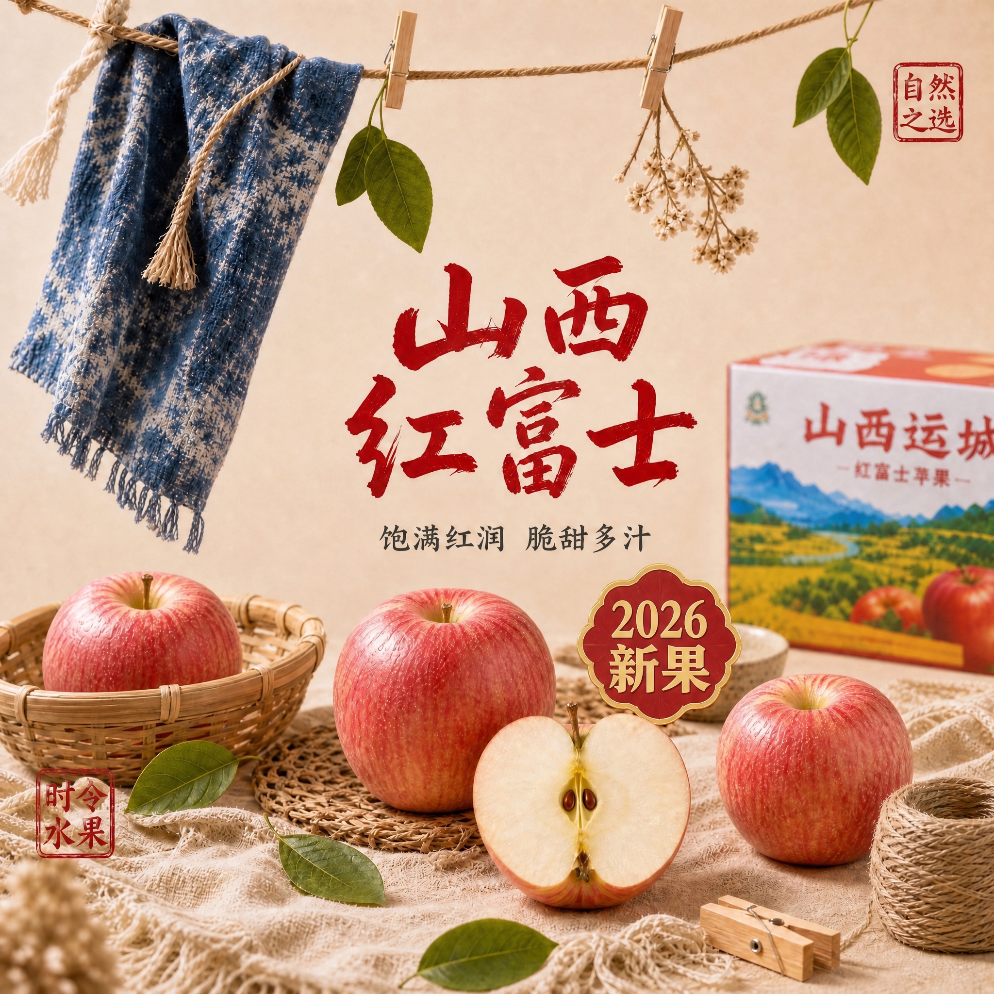 严格保持原图构图、光影、苹果、包装箱、竹篮、布料及所有原有中文… - 图片创意预览