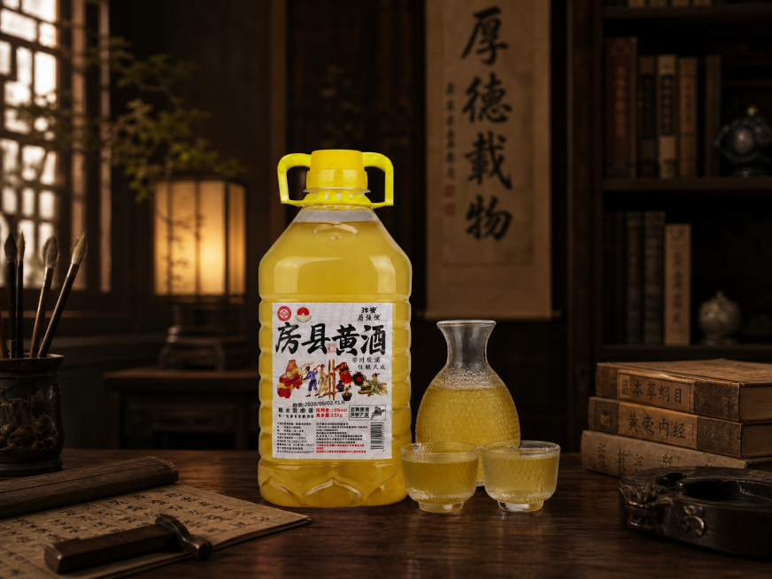 将背景替换为深色调中式书房场景，保持房县黄酒瓶、酒壶和酒杯的主体颜色与参考图一致预览效果