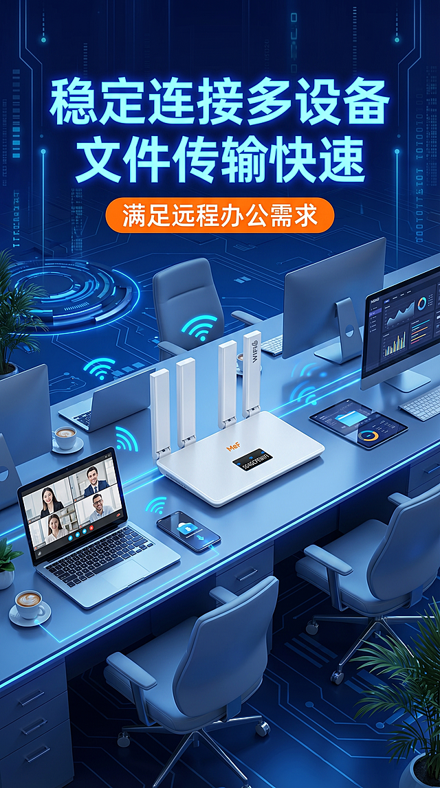 拼多多商品详情图，比例9:16，科技风深蓝色背景，展示可插卡无线路由器在办公场景的使用效果，突出稳定连接多设备，文件传输快速，满足远程办公需求，搭配办公室场景元素