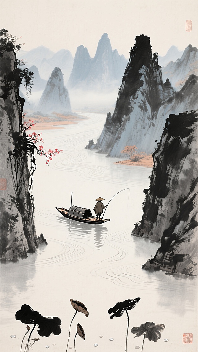 俯瞰视角，中国传统泼墨山水风格，浅米色宣纸底色上，以浓淡不一的墨色皴擦出层叠交错的喀斯特峰林，群峰如雨后春笋般从江面拔地而起，主峰以焦墨勾勒轮廓，次峰以淡墨晕染，远山则融入氤氲的灰蓝雾气中。画面中央是蜿蜒如银带的江面，以极细的飞白笔触表现流动的水波，一叶乌篷船正从两座对峙的山峰间缓缓驶出，船头渔翁身披蓑衣，斗笠遮住面容，仅露出持竿的剪影。左侧峭壁上垂挂着几缕墨色藤蔓，其间点缀着几点朱砂色的野山桃，与远处淡赭石色的山影形成微妙呼应。近景水面漂浮着三五片残荷，墨色荷叶以侧锋扫出，留白处形成晶莹的露珠。整体构图遵循"高远-深远-平远"三远法，大量留白营造出"江流天地外，山色有无中"的空灵意境，色调以墨色的浓淡变化为主，仅在细节处点缀赭石与朱砂，呈现出淡泊中蕴含生机的东方禅意。