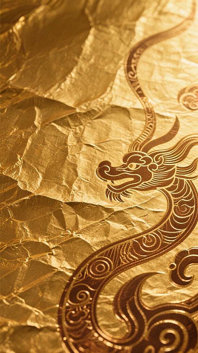 金色主色调背景，具有强烈的金箔纸质感，表面呈现自然的褶皱纹理和细腻的金属光泽，光影从右上方向左下方柔和过渡，形成明亮高光与暗部的自然渐变，金色中带有微妙的铜色调暖意。背景中巧妙融入传统国风图腾元素，图腾线条流畅，与金箔的纹理自然融合，整体呈现出庄重典雅、富有历史感的东方神韵，材质表现真实，细节丰富，营造出奢华而不失古朴的视觉氛围。