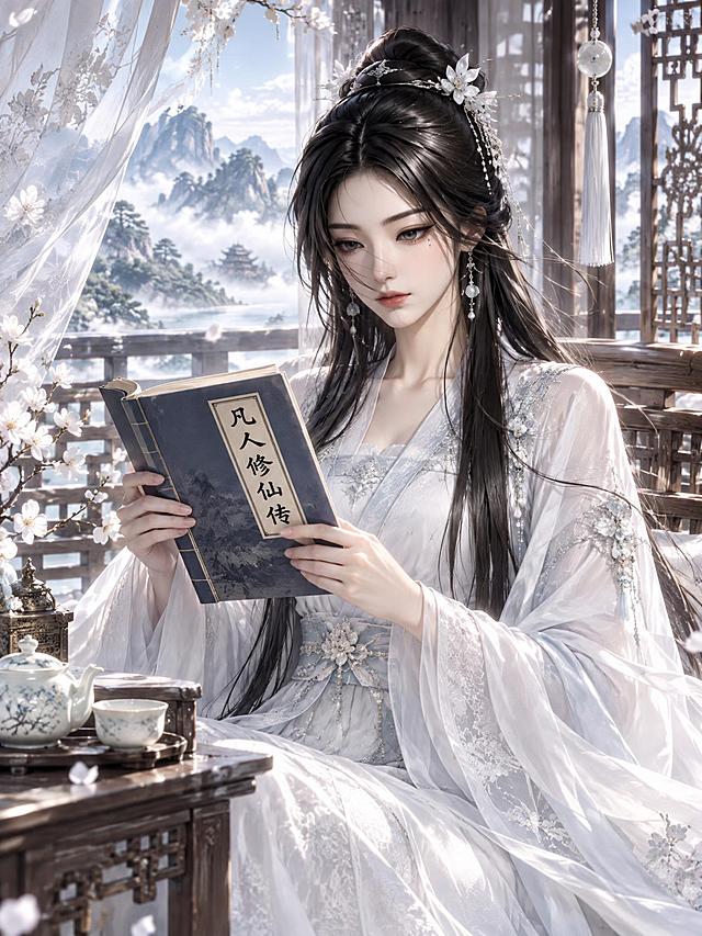 基于参考图中的女子进行古风仙子化重绘，保持她本人的辨识度：年轻鹅蛋脸、细长柳叶眉、大而明亮的眼眸、眼下小泪痣、高挺鼻梁、饱满嘴唇、乌黑长发，气质清冷出尘。将她绘制成清冷仙子的形象：身穿飘逸华丽的雪白长裙，衣料华贵、宽袖水袖、衣袂翩翩，青丝如云，梳着素雅高髻，点缀简约白玉珍珠发饰，两鬓垂落几缕碎发。她端坐在古色古香的阁楼里，手里拿着一本线装书册，正低眉观看，书册封面上清晰写着"凡人修仙传"四个字；旁边桌上摆着精致的茶具。阁楼内有雕花木质窗棂、轻纱幔帐、窗外可见远山云霭，光线通透。整体画面颜色清亮（冷白、淡青、浅蓝为主），明亮干净，不灰暗不发黄。除书册封面的"凡人修仙传"外，画面中不要出现任何其他文字。