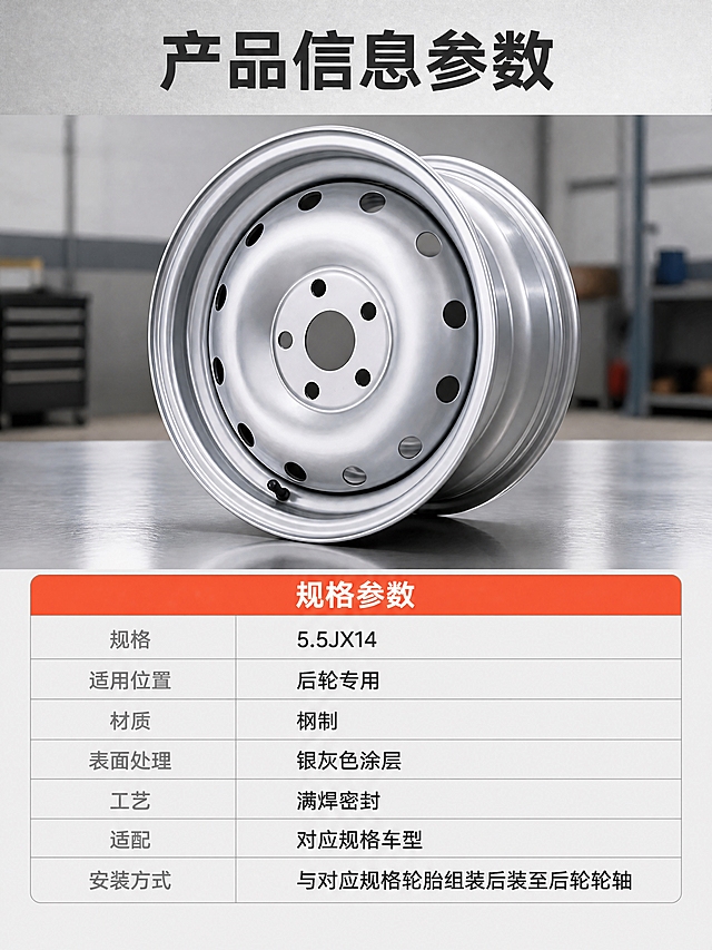 [商品] 使用【图19】【图21】汽车钢制轮毂 5.5JX14规格车轮毂实物图 保留银色钢圈的外圈轮辋卷边 轮辐曲面 一圈小圆孔 中心五个螺栓孔与中心孔 表面银灰色涂层 结构 比例 颜色与输入图完全一致 不新增孔位 不标注虚构尺寸
[画面] 页面目标 参数收口 让买家一次看清规格与适配 构图 上下分层 上部六分之一为标题区 中部为产品实物 以正侧微俯的三十度视角完整展示轮毂 主体占画面约35% 下方有柔和接触阴影 背景为浅灰金属台面与虚化的车间墙面 下部为一张浅灰底细线参数表 表头为亮橙红底白字 表内七行两列 左列为中灰参数名 右列为深炭黑参数值 行高一致 表格线细而匀 对齐整齐 阅读动线上到下 景别中近景 信息载体为实物图加参数表
[视觉] 套系策略：风格=汽车配件专业实拍与满版信息图解；标题字=现代无衬线粗体；正文字=简洁无衬线常规体；主色=银灰金属；背景延展=浅灰维修车间与金属台面的同色深浅层级与细金属拉丝纹理；强调色=亮橙红 只用于表头与标签；标题色=深炭黑；正文色=中灰；组件=圆角浅底信息卡 细线参数表；光影=车间顶部均匀照明加柔光箱侧光 金属高光连续干净
[文字] 标题 产品信息参数 参数表表头 规格参数 表内七行依次为 规格 5.5JX14 ／ 适用位置 后轮专用 ／ 材质 钢制 ／ 表面处理 银灰色涂层 ／ 工艺 满焊密封 ／ 适配 对应规格车型 ／ 安装方式 与对应规格轮胎组装后装至后轮轮轴 全部横排 不竖排 不旋转 文字不得压到表格线
[规格] 图片比例3:4竖版 4K 避免变形 错字 乱码 文字过小 水印 二维码 手机号 平台Logo 绝对化用语 编造尺寸与认证信息