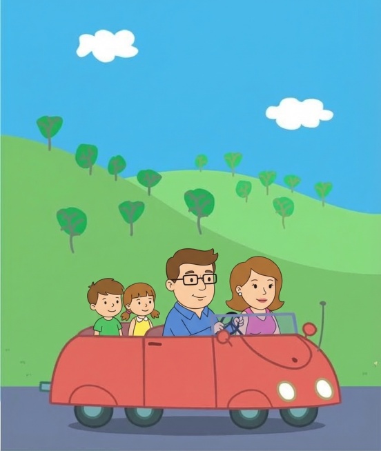 将图片中的粉色小猪一家四口替换为原创无版权的卡通一家四口人物，保持画面背景、红色汽车、整体构图和大小完全不变，只替换主体人物，保持原有卡通风格预览效果