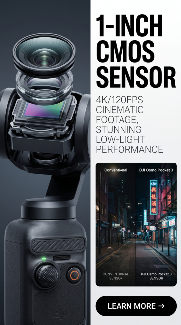 严格还原参考图中DJI Osmo Pocket 3产品图，保留哑光黑机身颜色、DJI/OSMO品牌LOGO位置、文字内容、云台镜头结构等所有细节，产品尺寸约 139.7 × 42.2 × 33.5 m预览效果