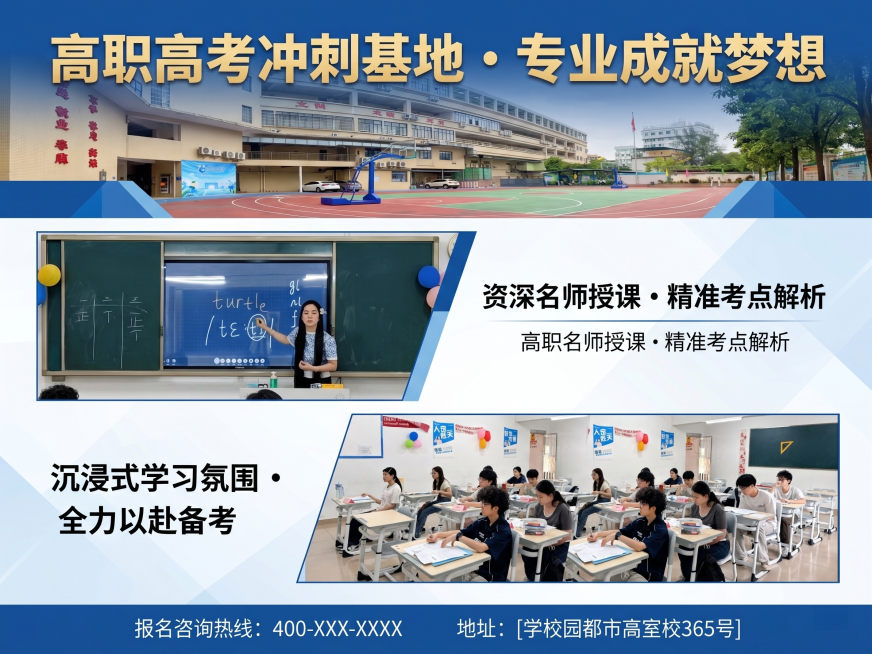 将这三张参考图合成一张高职高考培训机构招生宣传海报，突出专业教学环境和专注学习氛围，风格正式清晰预览效果