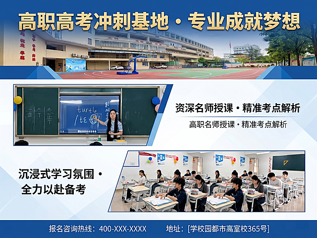 将这三张参考图合成一张高职高考培训机构招生宣传海报，突出专业教学环境和专注学习氛围，风格正式清晰