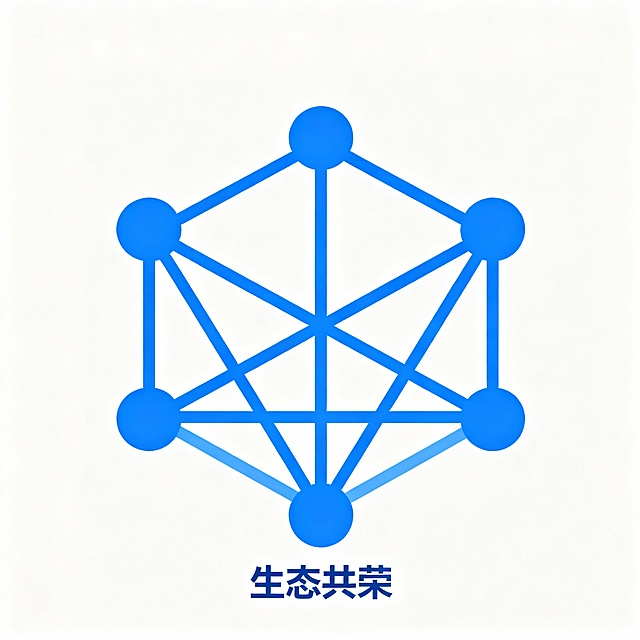 4. “生态共荣”图标：由相互连接的6个小节点组成网状结构，节点为圆形，连接线为直线，线条粗细1.5px，科技蓝色。