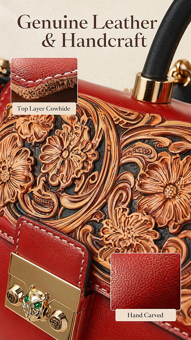 [第4屏] 材质工艺页，微距展示 Genuine Leather 皮料与手工雕刻细节，本屏使用【图1】提取材质细节。[氛围/风格] 特写微距摄影，真实质感呈现，突出真皮和工艺。[元素布局] 画面主体放大展示包盖雕花区域，左上角点缀一小块真皮切面特写，右下角放置皮料纹理局部，保持原产品红色皮料、棕色雕花颜色一致，清晰展示皮纹的自然毛孔和雕刻的深浅层次。[光影质感] 侧光打亮，突出皮料的质感和雕刻的立体纹路，明暗对比清晰，纹理细节锐利。[配色色系] 全局底色 #f0ebe4，主色为红色皮料和棕色雕花，辅助色为浅米色背景。[视角构图] 中心特写构图，微距视角，纹理充满画面，细节展示充分。[文字版式] 顶部标题 "Genuine Leather & Handcraft"，两个文字标签："Top Layer Cowhide" 和 "Hand Carved" 放置在对应特写位置，字体简约不抢主体。[比例分辨率] 9:16 竖版比例，4K分辨率，文字清晰可辨，高清画质。[负向提示词] 纹理模糊，雕花变形，颜色偏差，中文出现，水印。