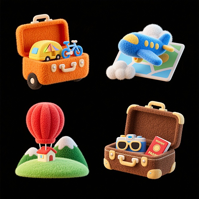 一系列4个不同旅行元素图标，背景为纯色黑色，元素包括：1.（橙色行李箱打开+露出黄色露营车和蓝色自行车）、2.（蓝色飞机+云朵+旅行地图）、3.（红色热气球载着小房子+绿色山丘）、4.（棕色皮箱打开+露出:相机、太阳镜和护照），