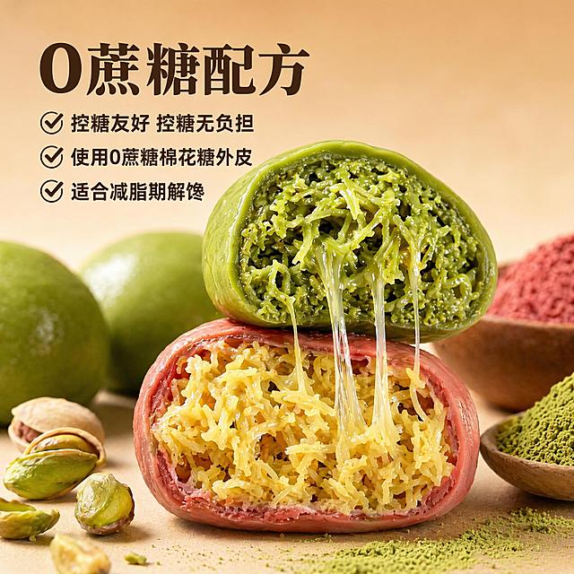 使用爆款主图复刻技能生成5张比例1:1的电商主图，适配平台为京东，商品为，参考图为「图片1」，商品卖点为✅0 蔗糖棉花糖外皮，控糖无负担 ✅软糯拉丝外皮，越嚼越香 ✅网红开心果酥脆金丝内馅 ✅抹茶 / 红丝绒双口味可选 ✅低甜不腻，减脂解馋小甜品，电商爆款零食主图，800×800 正方形，浅咖渐变暖调高级背景，多颗圆球迪拜软曲奇堆叠，抹茶绿、红丝绒双配色，一颗对半掰开展示拉丝外皮，内馅满满开心果金丝酥脆馅，表面撒一层细腻抹茶粉，柔和暖光微距拍摄，食物油润有食欲。左上角品牌「轻膳语」，顶部手写大字标题：迪拜软曲奇，右侧 3 条带对勾卖点；画面干净无杂物、无水印，写实美食实拍，适合京东零食引流。