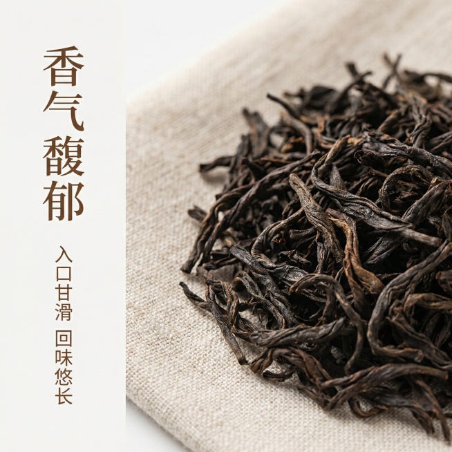 [主图 3 工艺细节] 大红袍干茶细节特写，简约风格。微距展示条索紧结的干茶纹理，乌褐油润的色泽，背景浅素麻布料衬托，柔和自然光勾勒茶叶肌理，突出干茶优质质感。主标题 "香气馥郁"，下方小字入口甘滑预览效果