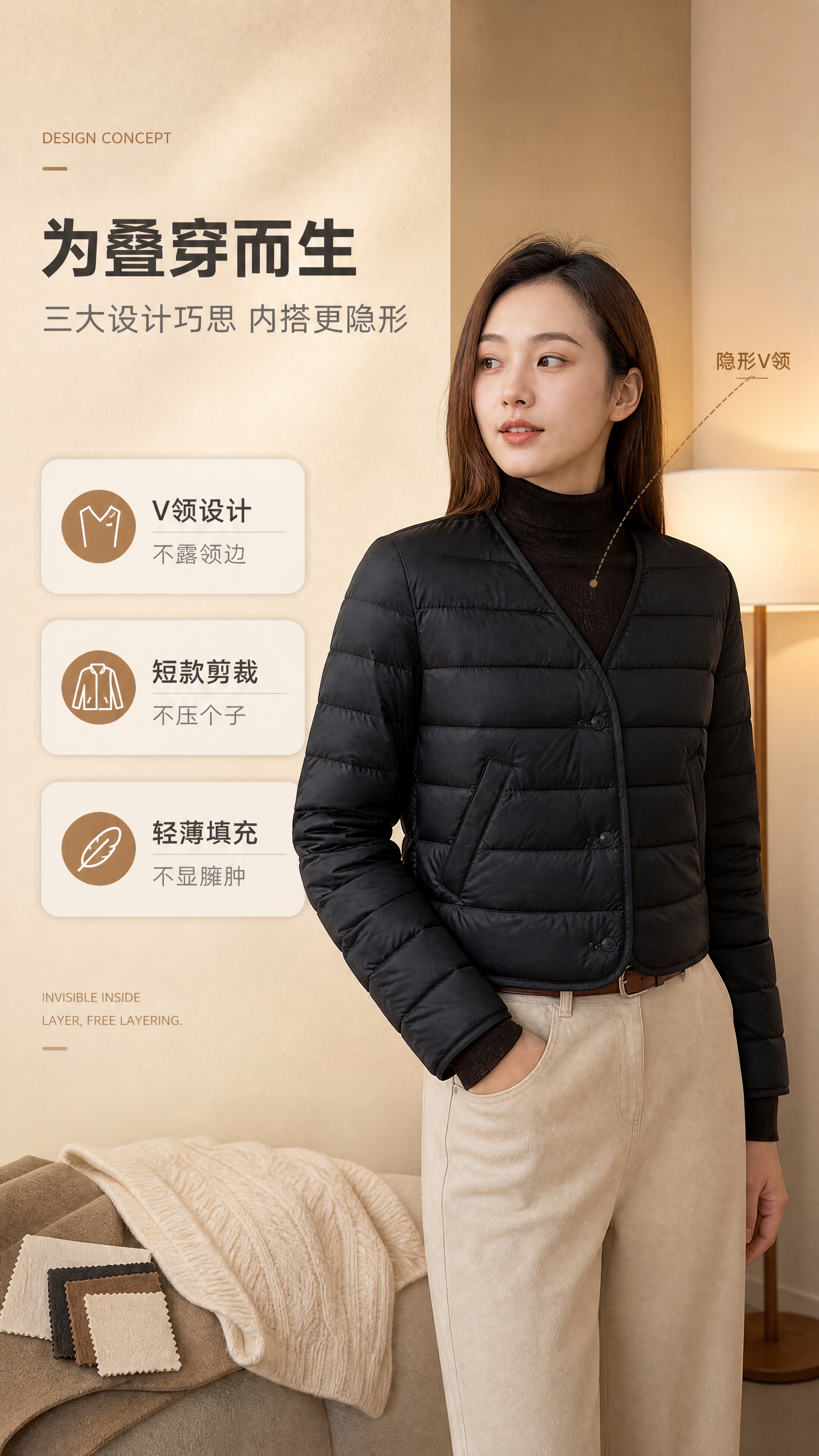 [商品] 使用【图4】黑色短款V领轻薄羽绒服；商品处理：保留V… - 图片创意预览