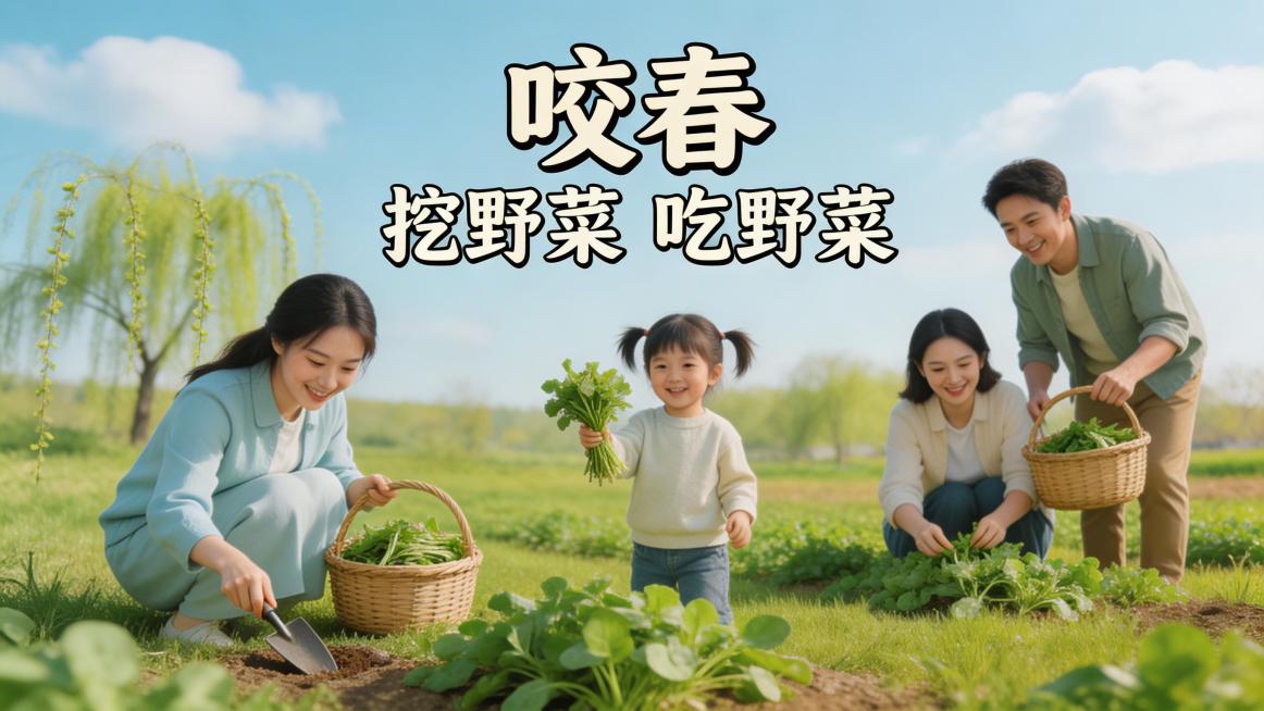 咬春主题海报，标题文字"咬春 挖野菜 吃野菜"，春日郊外田园场景，人们采摘新鲜野菜，画面清新自然，生机盎然，横版设计，春意满满预览效果
