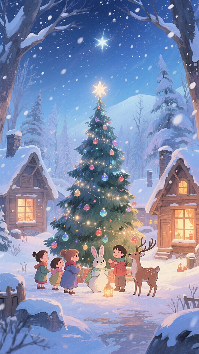 梦幻感与温馨感交织的圣诞夜，卡通风格插画风呈现。孩子们与拟人化的小兔、鹿围聚在闪耀的圣诞树下，水彩质感渲染雪景，营造出童话般的节日氛围。