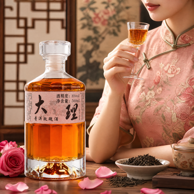 商业电商主图，1:1尺寸；精修好的普洱玫瑰酒酒瓶放置在画面左侧，画面右侧是复古旗袍女生，不露脸，女生手端着装有酒的果酒杯，用新鲜玫瑰花瓣与普洱茶干茶叶做点缀，背景为新中式风格，整体氛围高级雅致有质感；预览效果