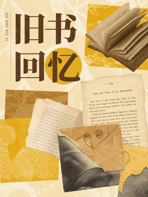 参考这张拼接拼贴风海报进行同款风格创作，主题为"旧书回忆", 配色干净，排版整洁，构图新颖，主题鲜明突出，采用拼贴艺术，几何半色调网点，暖棕黄色调搭配，包含旧书页和信封元素和大字标题预览效果