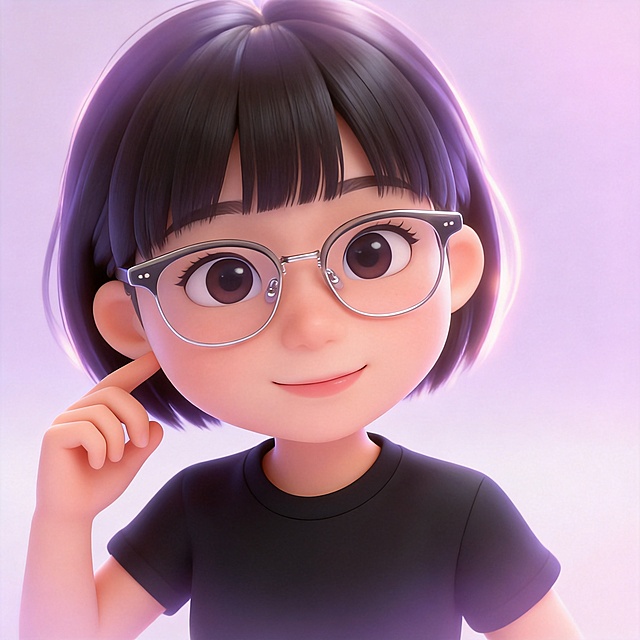 生成卡通Q版女生形象写真，仅保留参考图人物脸型、短碎黑发、戴眼镜的特征，转化为卡通形象，梦幻艺术风格，圆润Q版卡通质感，线条柔和流畅，低饱和粉紫调，柔雾朦胧氛围感；大面积柔焦漫射光，发丝边缘轮廓光，画面带有轻微朦胧光晕；保留短发黑色齐刘海造型，皮肤细腻干净；微笑表情，单手轻触耳边，服装保持黑色简约T恤；浅纯色柔和背景，极浅景深留白；分辨率4k，清晰精致，卡通插画质感，画面比例1:1