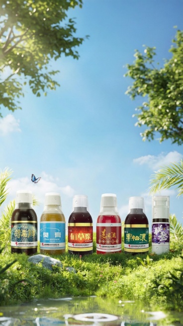 将第一幅图中的六瓶钓鱼小药产品，放置到第二张图的自然溪边场景中，保持产品本身形状不发生变形不修改，融合后光线自然，整体是真实摄影作品风格预览效果