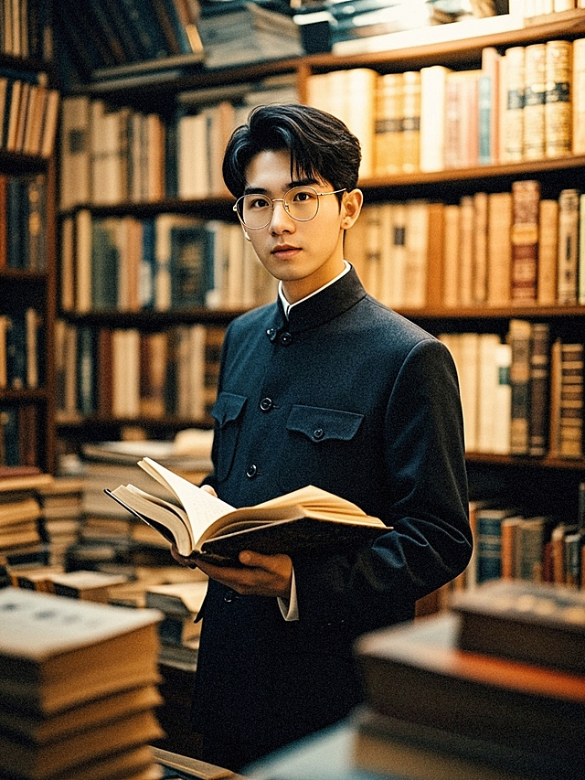 🤓中山装眼镜帅哥旧书店持书啦📖