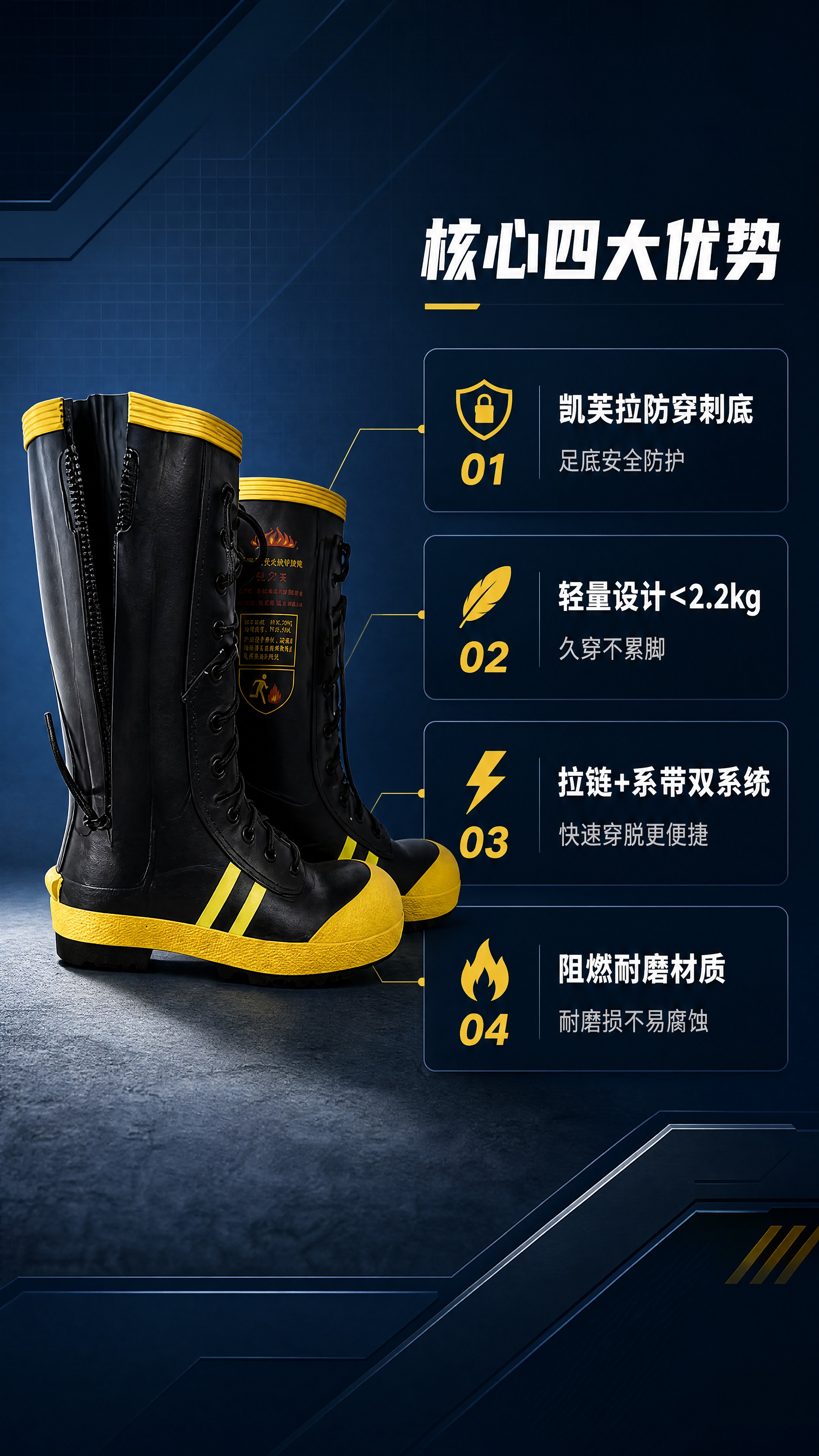 [商品] 使用【图6】比武款消防战斗靴（黑黄配色高筒款，后侧拉… - 图片创意预览