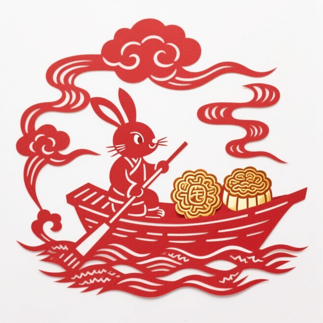 动漫风格，一只船夫造型的拟人兔子载着有两个超大烫金的金月饼，祥云环绕在船周围，动态感。白色背景预览效果
