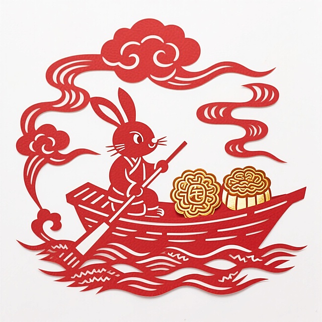 动漫风格，一只船夫造型的拟人兔子载着有两个超大烫金的金月饼，祥云环绕在船周围，动态感。白色背景