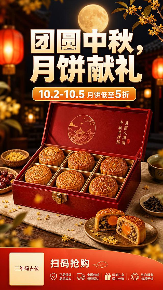 电商节日促销海报，写实商业摄影风格，竖版 9:16，国庆中秋双节月饼礼盒促销主题，温馨团圆的节日氛围，红金喜庆配色，高级商业质感。

【版式与文字】上部为大标题区，居中呈现超粗黑体主标题「团圆中秋，月饼献礼」，画面中字号最大，白色与浅金色渐变字，带细微描边与柔和立体质感；主标题正下方居中为副标题「10.2-10.5 月饼低至5折」，橙金色圆角矩形标签底、白色粗体字，其中「10.2-10.5」与「5折」加粗放大。整体为上部标题区 + 中部主视觉 + 底部信息带的三段式结构，中轴对齐，区块层级分明，画面留白适当，排版精美，文字均放在负空间，不遮挡礼盒主体。

【主视觉】画面中部偏下为打开的月饼礼盒，礼盒为深红漆木盒，盒盖翻开斜靠在后方，盒内整齐码放六枚金黄酥皮的广式月饼，含莲蓉蛋黄与五仁口味，月饼表面压印精致浮雕花纹、油亮光泽，礼盒旁摆放一枚切开的月饼，露出流沙咸蛋黄内馅。礼盒置于温润的实木餐桌上，桌面铺米白色亚麻桌布，旁点缀桂花瓣、红枣、干茶与竹编托盘。

【背景层】暖调虚化的夜色庭院氛围，一轮圆月悬于画面上方，配桂花枝影与几盏暖黄灯笼的柔和光晕，朦胧柔焦，营造温馨团圆的中秋夜景。

【前景点缀】虚化的桂花枝、金桂花瓣与暖色光斑，浅景深，主体保持完整清晰。

【光影与色彩】侧前方柔和暖光，主体高光柔和、阴影细腻，材质通透有光泽；整体暖金色调，饱和度适中偏高，配色为经典红金加米白，点缀少量桂花黄。

【底部信息带】底部为通栏渐变底栏，左侧为纯色方块二维码占位区域，方块中央标注「二维码占位」文字，右侧配引导语「扫码抢购」。

画面中所有二维码区域使用纯色方块占位符呈现，方块中央标注"二维码占位"文字，严禁生成任何可识别的二维码图案。

画面中所有信息区域、套餐卡片、价格表格、权益列表、对比模块、福利条目、课程大纲、议程、嘉宾介绍区等必须填充完整合理的内容，不得出现空白框、空白占位、横线待填写区域、空列表项、空单元格；用户未提供具体内容时，基于海报主题和场景合理补全典型内容，确保是完整可用的成品海报而非待填写模板。

画面中所有数字必须精确渲染，不得出现错位、遗漏或编造的数字，所有文字必须清晰可读、无错字、无乱码。画面中不出现任何品牌 logo。