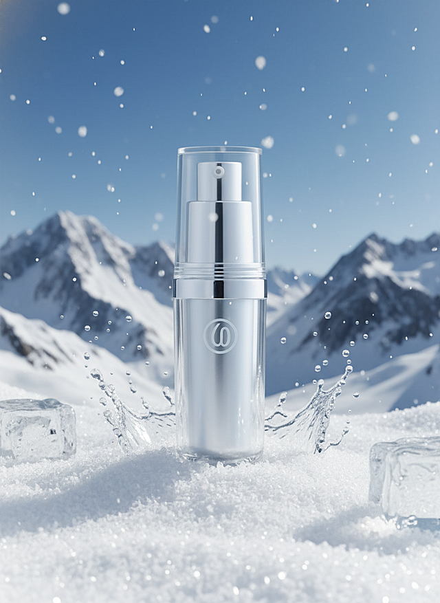 清透玻璃瓶身融合金属质感，置于雪域冰晶间，3D渲染呈现虚拟自然的清爽科技美学，未来感十足。